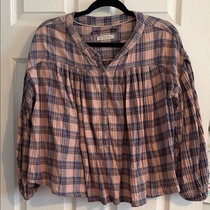 We The Free Pink and Blue Plaid Button-Front Peasant Top
